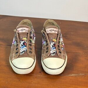 Ed Hardy Brown Woman Canvas Slip-On Sneakers Graphic Art Panther / Felines Sz 5